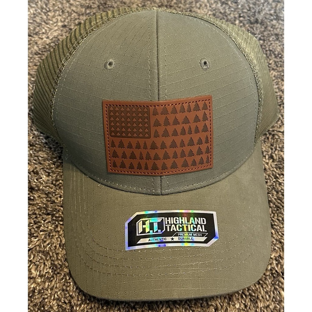 Highland Tactical PremiumMesh Hat/Cap Olive W/ Brown Leather US Flag-Trees Patch